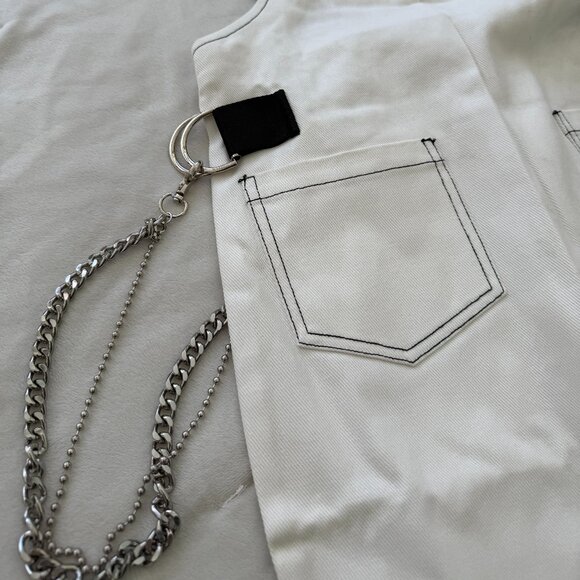 White Denim and Faux Leather Overalls with Chrome Detailing - Picture 4 of 7